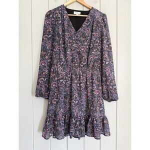Evereve Olympia Multifloral Ruffle Hem Long Sleeve Dress M Medium V-Neck Chiffon